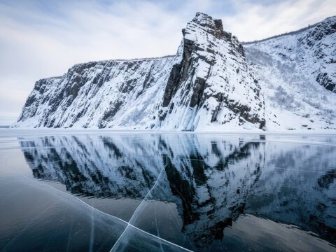 Snowy mountain reflection winter landscape