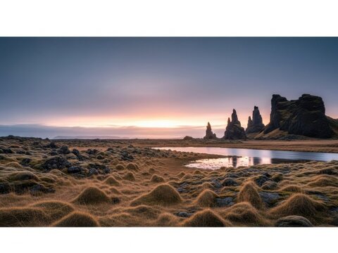 Icelandic landscape sunset beach rocks