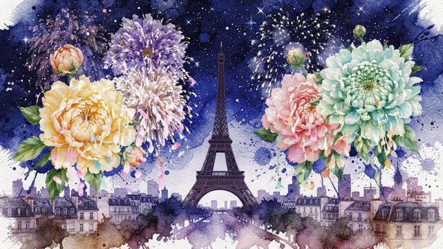 Paris Eiffel Tower Fireworks Watercolor Floral Celebration Night Sky