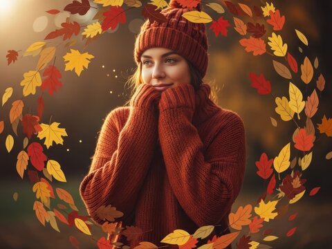 Woman autumn leaves portrait cozy sweater