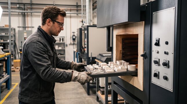 Engineer loads ceramic parts into a sintering furnace