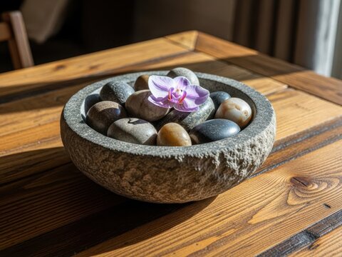 Stone bowl with rocks and orchid centerpiece