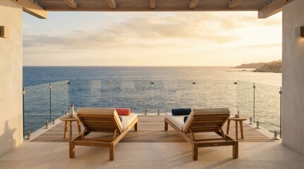 Obraz premium Luxury oceanfront balcony with lounge chairs and serene sea views at sunset