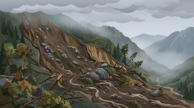 Landslide Disaster Spreading Through Mountain Forest and Destroying the Landscape