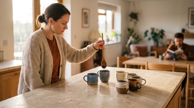 Housemate conducts a serious coffee mug inspection
