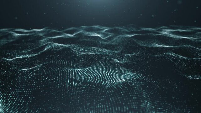 Abstract digital particle landscape composed of countless glowing blue-white dots forming gentle wave-like terrain across a dark background. The futuristic composition conveys concepts