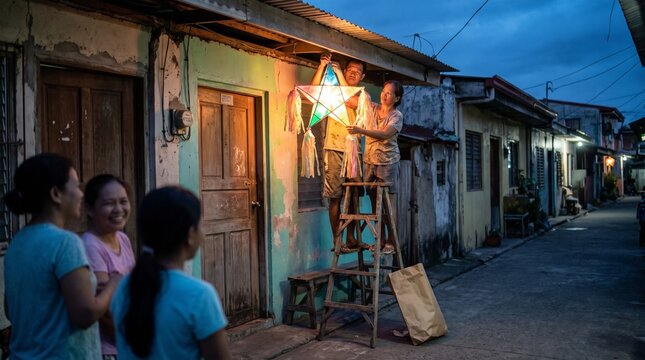 Neighbors hang a parol lantern for Christmas evening