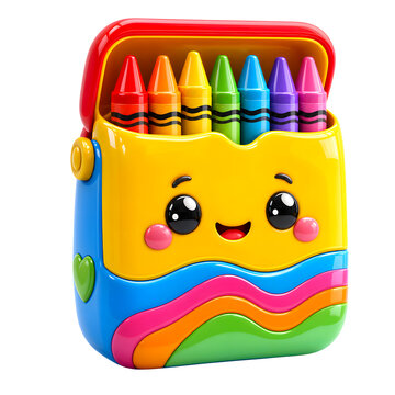 Adorable 3d crayon box character with a happy face colorful art supplies isolated on transparent background