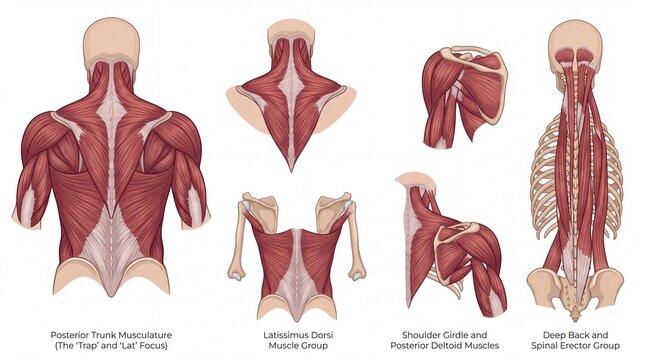 Educational chart presenting human posterior upper body anatomy displaying anatomical structures of muscular groups including shoulders and spine across multiple views for biological study