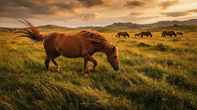 Chestnut mare grazing in a grassy field with wind blowing through its mane and tail