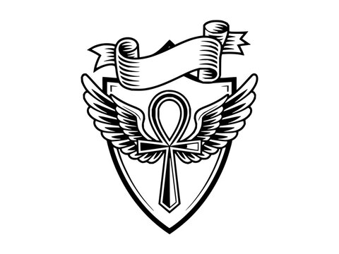 Mystical winged ankh symbol on a heraldic shield with a blank ribbon banner vector emblem