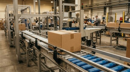 Fototapeta premium Automated Factory Production Line with Cardboard Boxes on Conveyor Belt, Logistics and Warehouse Operations