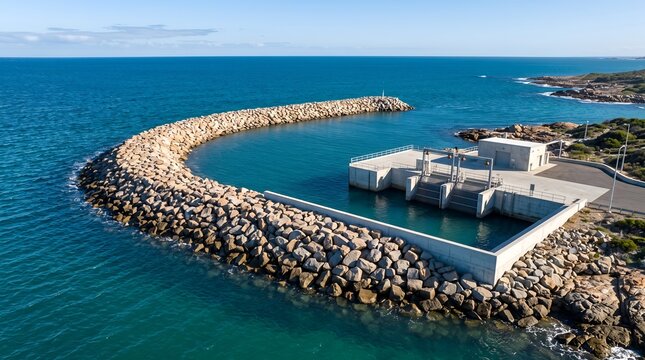 Aerial view of a massive curved stone breakwater protecting a coastal marine structure with calm blue ocean water