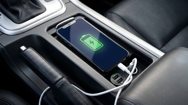 Modern smartphone with glowing battery icon charging in vehicle interior center console via usb cable for automotive mobile power and travel convenience concept.