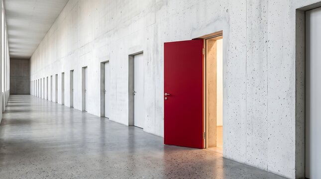 A single red door stands open in a long hallway with white concrete walls with corridor featuring white lined multiple closed walls polished floor white doors