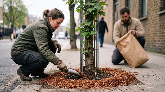 Volunteer spreads mulch around a young street tree