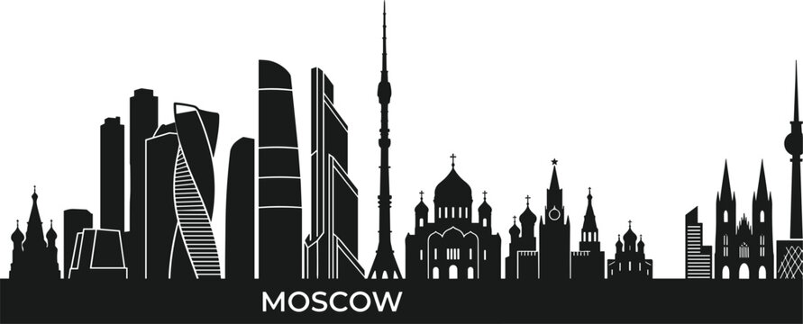 Moscow city skyline vector featuring kremlin st basils cathedral ostankino tower and modern russian skyscrapers