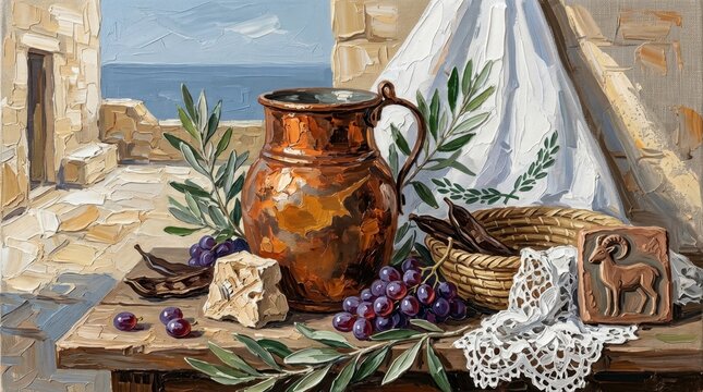 Traditional still life with copper jug and grapes against Cyprus coastal backdrop