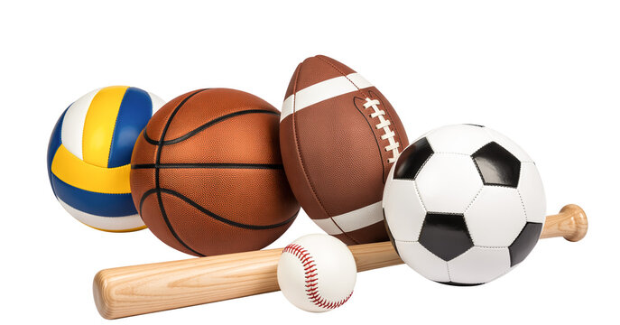 Various Sports Balls and Baseball Bat Isolated on White Background