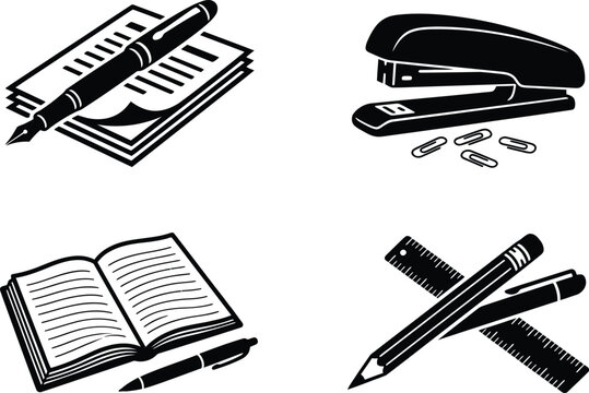 Stationery and office school supplies vector icons set, writing pen and notepad, stapler and paper clips, open book, ruler and pencil silhouettes graphics preview sheet