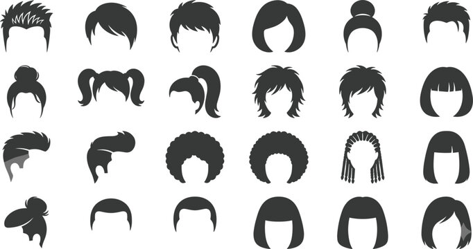 Hairstyle silhouette vector icons set featuring diverse men and women haircuts wigs afro textures pigtails braids and salon styling elements
