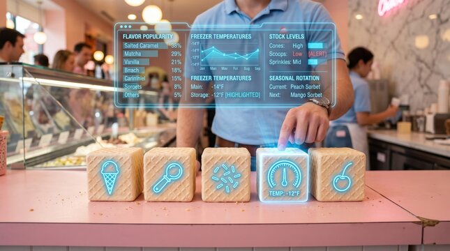 Dessert shop management concept with hands interacting with holographic ice cream and food icons like cone, scoop, sprinkles, thermometer, and cherry