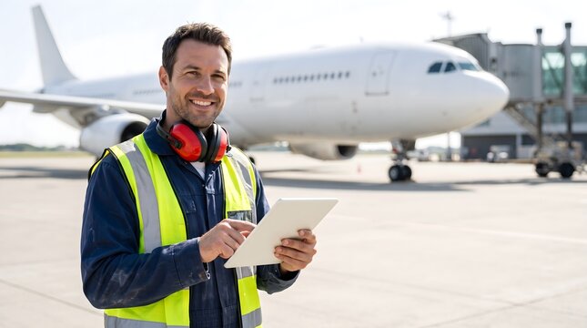 Smiling male airport ground crew worker in high-visibility vest using a digital tablet for aircraft maintenance checks on the tarmac for aviation logistics and safety concept