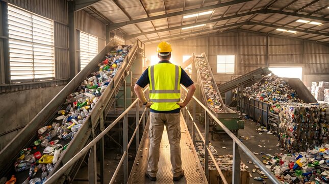 Male supervisor in a safety vest and hard hat standing on a walkway overseeing plastic waste sorting on conveyor belts for a sustainable waste management and circular economy
