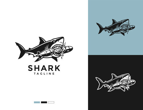 A logo featuring a large shark biting a submarine. A simple, minimalist, two-color logo.