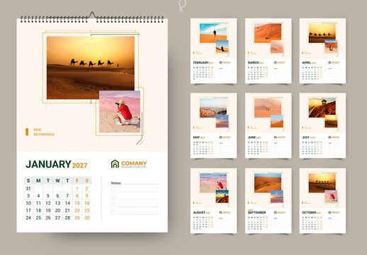 2027 Desert Travel Calendar Template Design