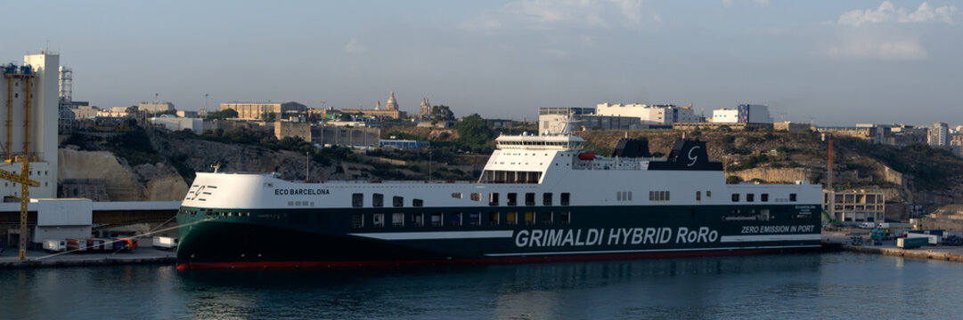 VALLETTA, MALTA - JUNE 11, 2026:  Panorama of the Eco Barcelona RoRo ferry ship of the Grimaldi Group line