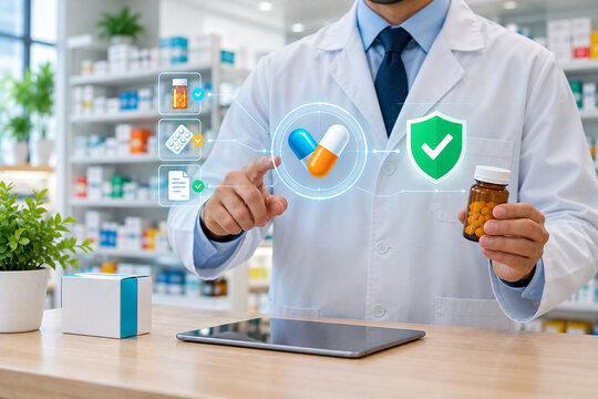 Pharmacist Holding Medicine Bottle With Digital Capsule and Shield Check for Medication Safety, Prescription Verification and Pharmacy Technology