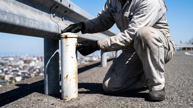 Manual worker in workwear inspecting metal post near highway guardrail on city bridge for infrastructure maintenance and public safety concept
