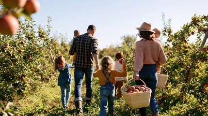 Fototapeta premium European Family Enjoying Apple Picking Together During Autumn Harvest, Seen from Behind Walking Along Sunny Orchard, Clear Sky Above, Joyful Family Outdoor Time, Apple Orchard, Family Activity, Autumn