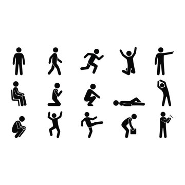 Stick figure human action icons set with man walking running jumping sitting