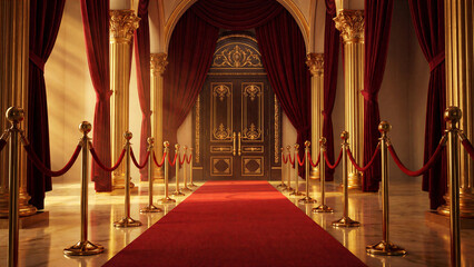 Obraz premium Red carpet entrance with gold stanchions and ornate doors