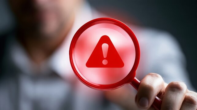 Red warning icon on magnifying glass lens held by businessman hand, representing risk detection, security alert, business inspection, problem identification, investigation and careful analysis