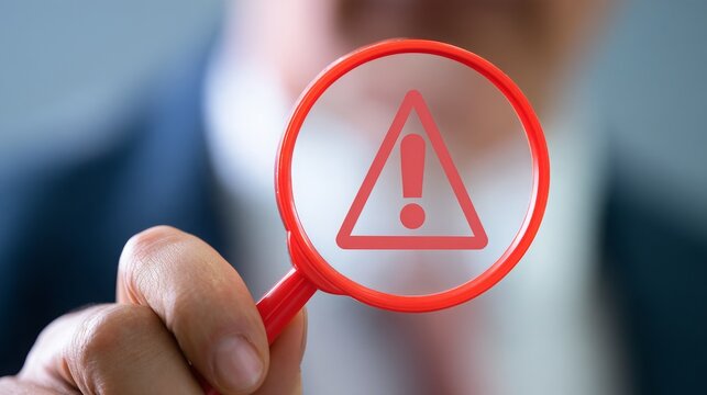 Red warning icon on magnifying glass lens held by businessman hand, representing risk detection, security alert, business inspection, problem identification, investigation and careful analysis