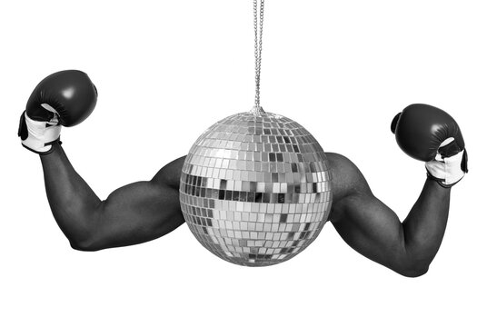 A pair of muscular arms wearing boxing gloves are holding a shiny disco ball. The background is transparent, adding to the unique look of the scene.