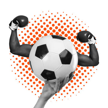 A strong hand lifts a soccer ball high. Muscular arms flex from behind the ball. The scene has a transparent background with dotted patterns.