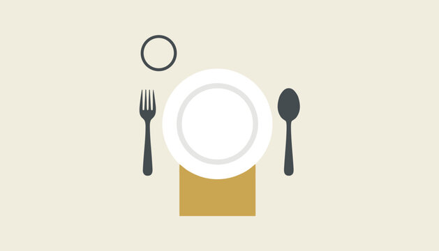 Minimalist place setting illustration showcasing a white plate, grey fork and spoon, and a gold napkin.