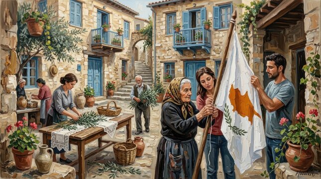 Villagers preparing flag in a traditional courtyard setting with plants