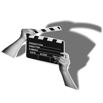 Hands hold a clapperboard that has written details like production and scene. This is part of the film making process. The background is transparent.