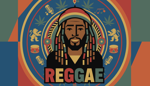 Vibrant reggae music poster featuring a rasta man portrait with dreadlocks, marijuana leaves, and lion emblems.