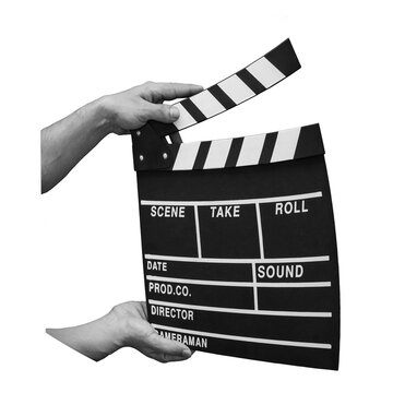 A clapperboard is held by a hand ready for a film scene. It shows details like scene, take, and sound. This tool is common in movie production environments.