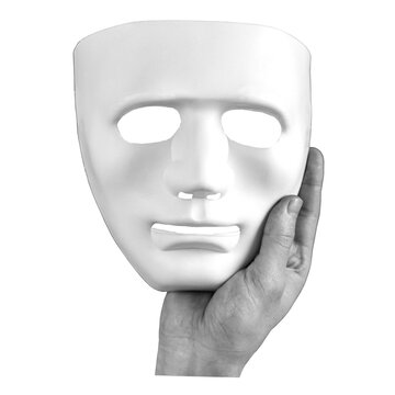 A plain white mask is being held by a hand. This mask can be used for theater, art projects, or costume design. It is set against a transparent background.