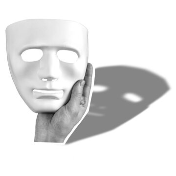 A hand holds a plain white mask. The mask has no design and features two eye openings. A shadow of the mask is visible on the surface below.