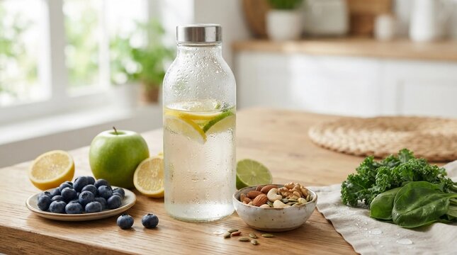 Cold infused lemon water in glass bottle with blueberries green apple nuts and spinach