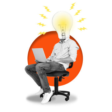 A person sits with a laptop on their lap at a desk. Instead of a head, there is a light bulb, symbolizing ideas and creativity. The background is a bold circle.