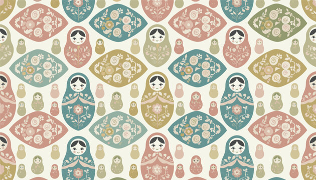 Traditional Russian matryoshka nesting doll seamless pattern in pastel colors, featuring beautiful floral prints and details.